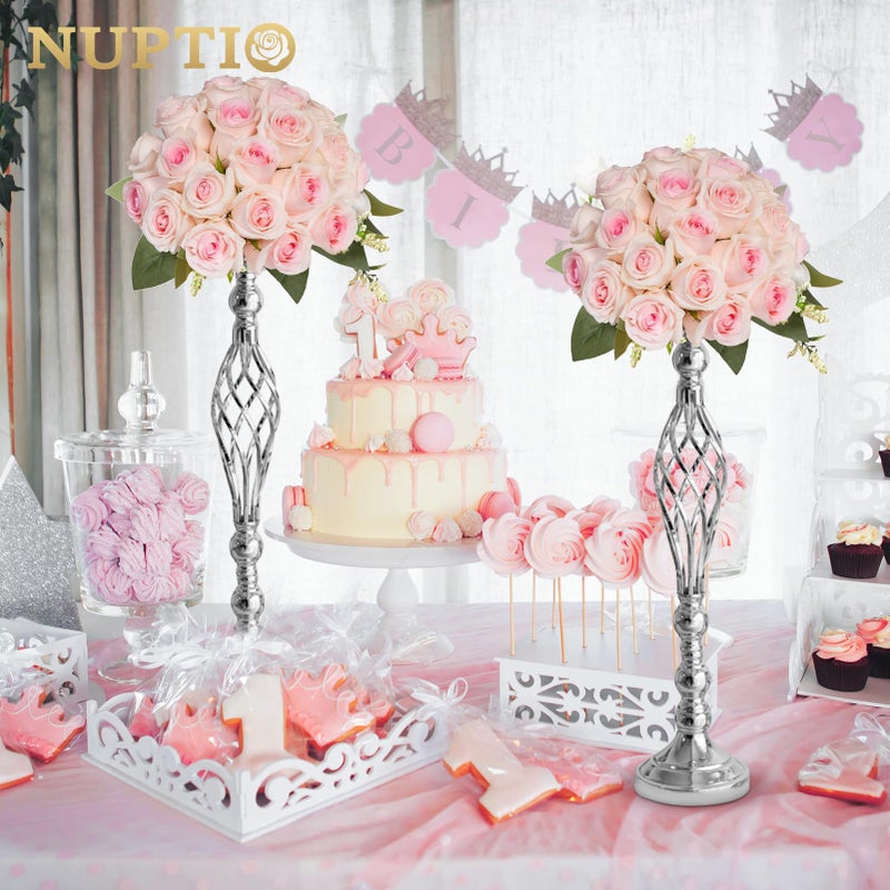 NUPTIO Set of 2 Versatile Silver Flower Arrangement Stand & Pillar Candle Holder Set for Wedding Party Dinner Centerpiece Event Restaurant Hotel Decoration (Silver Twist Style, 2 x L) - Image 3